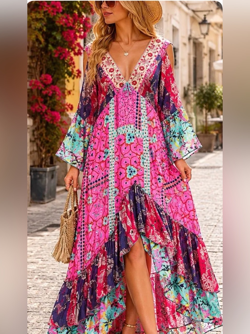 98. FROM EUROPE/Bohemian embroidered  Floral-Shoulder Maxi Dress Pink turquoise